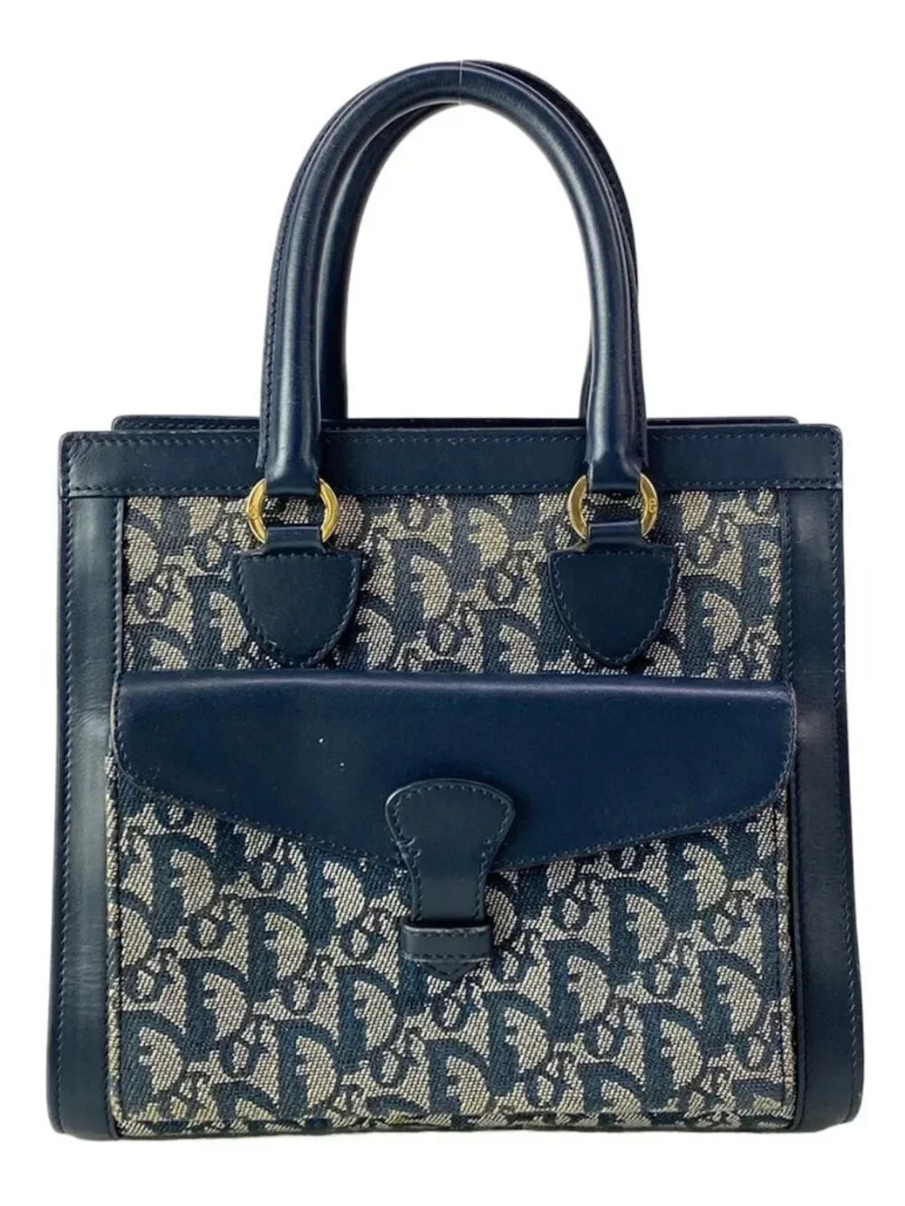 DIOR/ChristianDior Logogram White Dark Navy Jacquard Leather Handbag